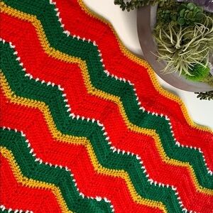 Hand crocheted red yellow gold green throw blanket cozy warm throw